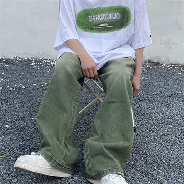 Green Jeans Baggy Distressed Vintage Denim Trousers Male Wide Leg Pants Men Streetwear Retro Oversize Casual Hip Hop aidase-shop